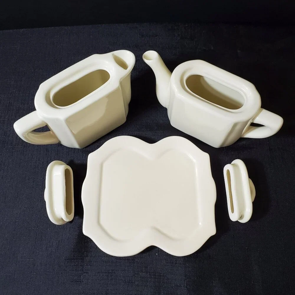 Restoration Hardware Creamer Sugar Set w/ Tray White Stoneware 2001 Y2K Coffee